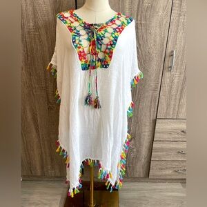 Awesome White Cotton Crocheted Cover up with Rainbow Tassles. Size L